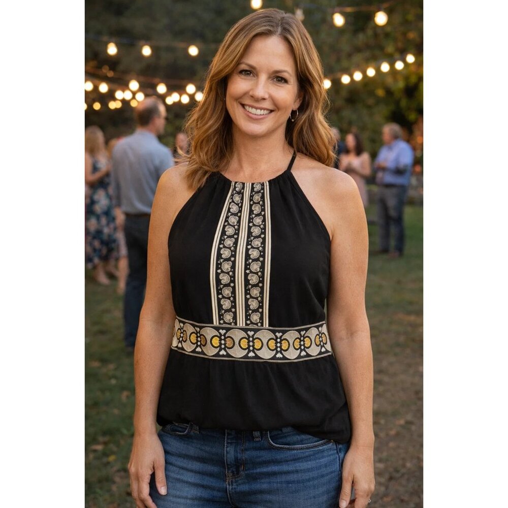 Michael Kors Small Black Halter Top With Embroidered Waist & Neckline